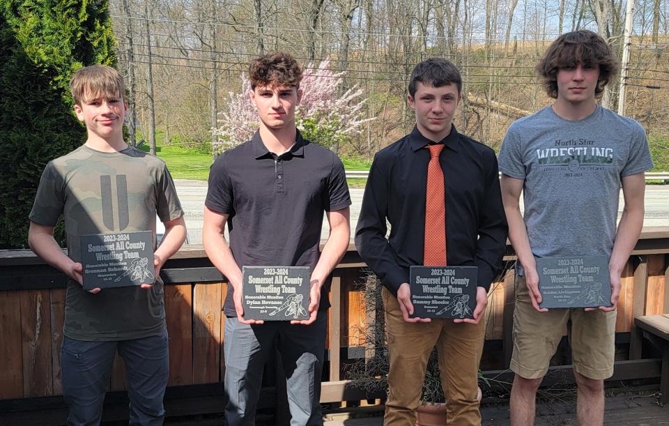 From left, Meyersdale's Brennan Schardt, Conemaugh Township's Dylan Hovanec, Somerset's Sammy Sheeler and North Star's Braden Livingston were honorable mention selections at the Somerset All-County wrestling banquet, April 28, in Somerset. Absent from the photo was Berlin Brothersvalley's Braden Durst.
