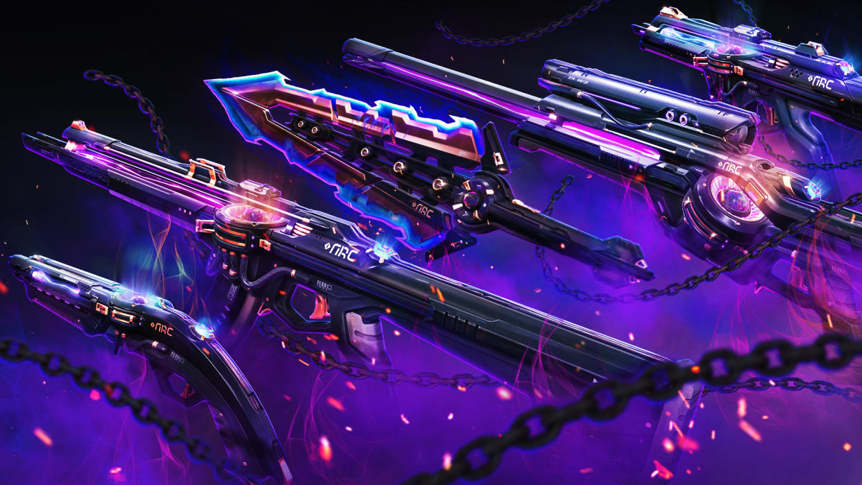 Image of Prelude To Chaos gun skins from VALORANT, on a purple background. (Image: Riot Games)