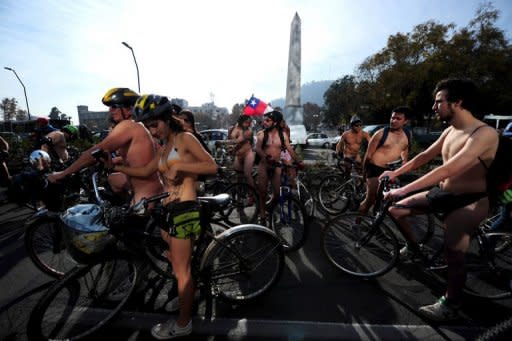 Chilean activists take part in the World Naked Bike Ride, a protest in support of the right of cyclists in Santiago