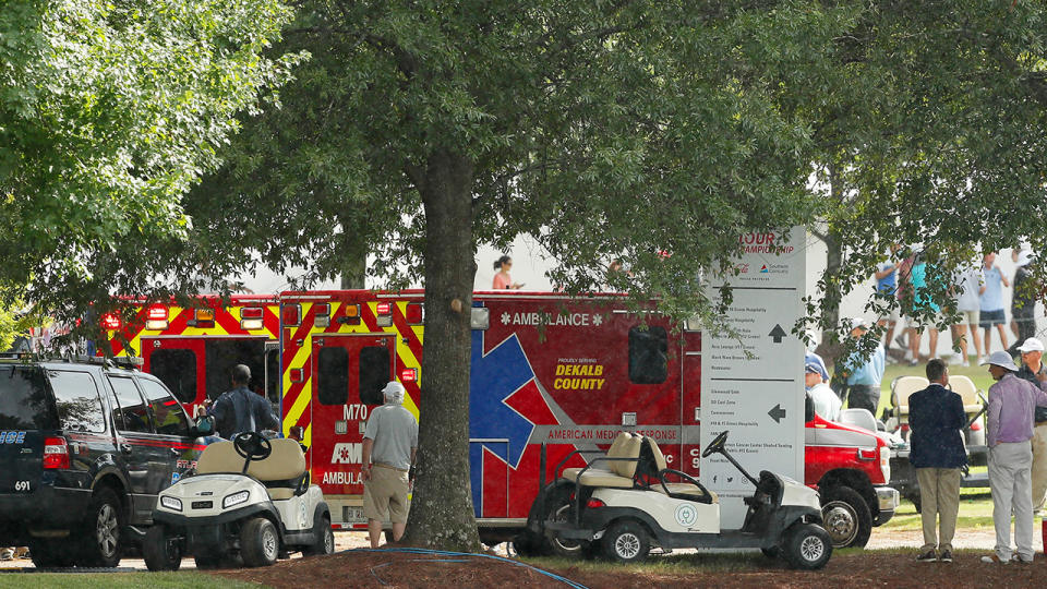 Emergency services provide assistance after a lightning strike during a suspension of the third round due to inclement weather of the TOUR Championship at East Lake Golf Club on August 24, 2019 in Atlanta, Georgia. (Photo by Kevin C. Cox/Getty Images)