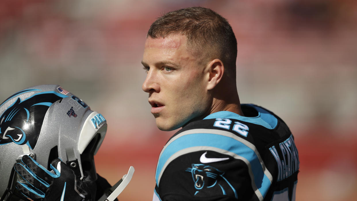 Carolina Panthers running back Christian McCaffrey during an NFL football game against the San Francisco 49ers in Santa Clara, Calif., Sunday, Oct. 27, 2019. (AP Photo/Ben Margot)