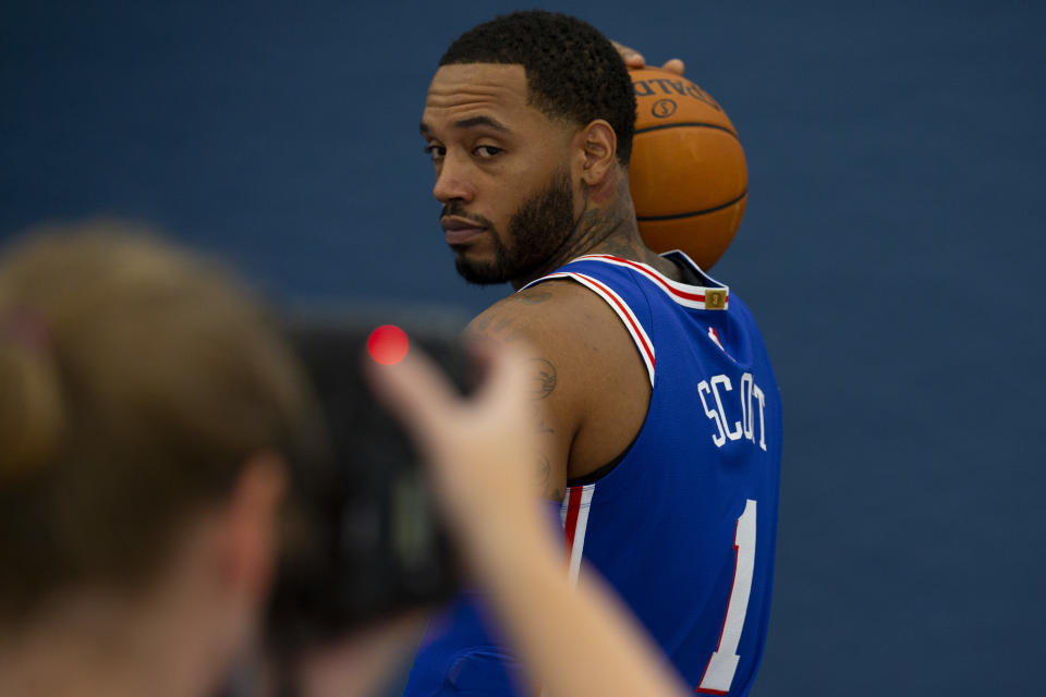 CAMDEN, NJ - SEPTEMBER 30: Mike Scott #1 of the Philadelphia 76ers poses for a portrait during the Philadelphia 76ers media day at the 76ers Training Complex on September 30, 2019 in Camden, New Jersey. NOTE TO USER: User expressly acknowledges and agrees that, by downloading and or using this photograph, User is consenting to the terms and conditions of the Getty Images License Agreement. (Photo by Mitchell Leff/Getty Images)