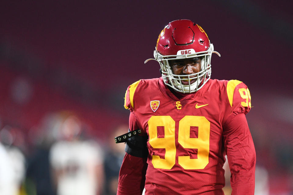 USC EDGE Drake Jackson isn't the tpo-10 project he appeared to be as a freshman but has good upside to develop. (Photo by Brian Rothmuller/Icon Sportswire via Getty Images)