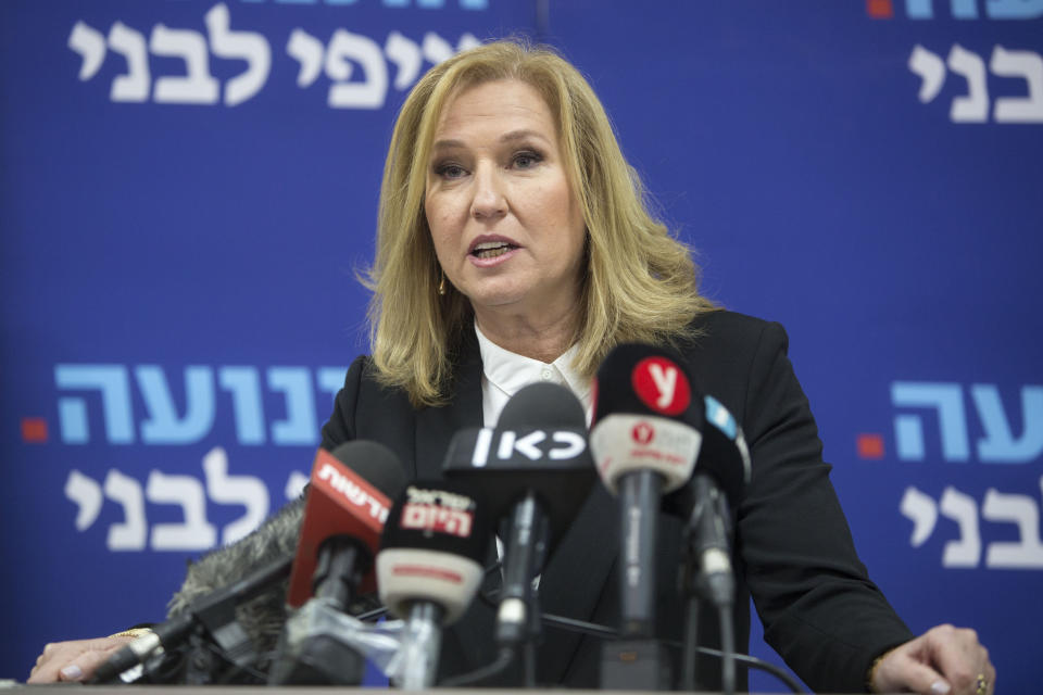 Former Israeli Foreign Minister Tzipi Livni gives a press conference in Tel Aviv, Israel, Monday, Feb. 18, 2019. Livni, on Monday, announced her retirement from politics. (AP Photo/Sebastian Scheiner)