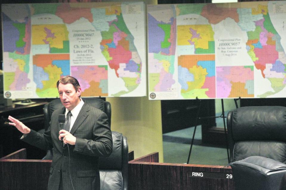 The last time around, it took court orders to finalize the maps of congressional and state Senate districts in Florida. The process, using new data from the 2020 Census, begins Monday, Sept. 20 in Tallahassee. In this photo from 2014, Senate Reapportionment Chairman Bill Galvano, R-Bradenton, discusses an amendment on the floor of the Senate. Behind him are maps of the 2012 Florida congressional districts, left, and the redrawn districts he proposed.
