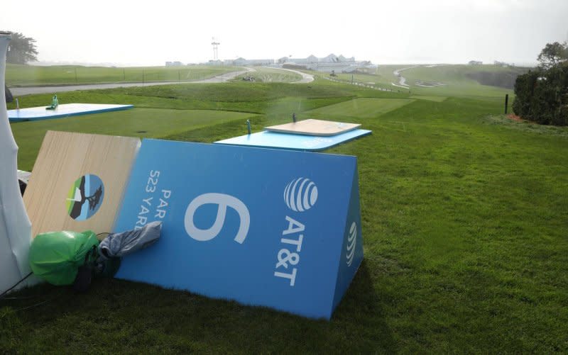 View of the 6th tee during what should have been the final round of the AT&T Pebble Beach Pro-Am golf tournament Sunday at the Pebble Beach Golf Links in Pebble Beach, Calif. Due to safety concerns caused by high winds and rain, the final round was postponed. Photo by Michael Fiala/EPA-EFE