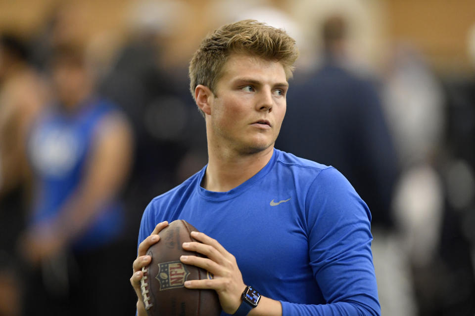 Brigham Young Cougars quarterback Zach Wilson (1) warms up during the pro day event, Friday, March 26, 2021 in Provo, Utah. (Alika Jenner via AP)