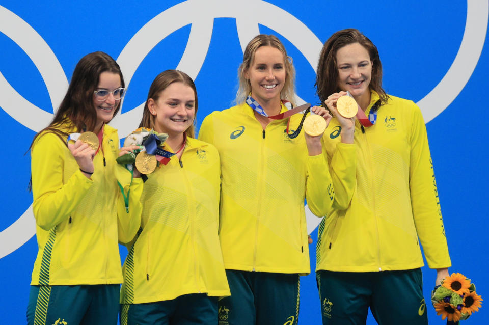 Seen here, Australia's women celebrate their gold in the 4x100m medley relay at the Olympics.