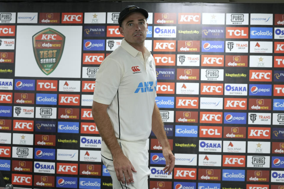 New Zealand's skipper Tim Southee leave after a press conference, in Karachi, Pakistan, Sunday, Dec. 25, 2022. (AP Photo/Fareed Khan)