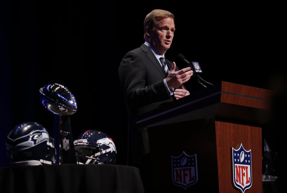 NFL comissioner Roger Goodell speaks at a news conference Friday, Jan. 31, 2014, in New York. The Seattle Seahawks are scheduled to play the Denver Broncos in the NFL Super Bowl XLVIII football game on Sunday, Feb. 2, at MetLife Stadium in East Rutherford, N.J. (AP Photo/Charlie Riedel)