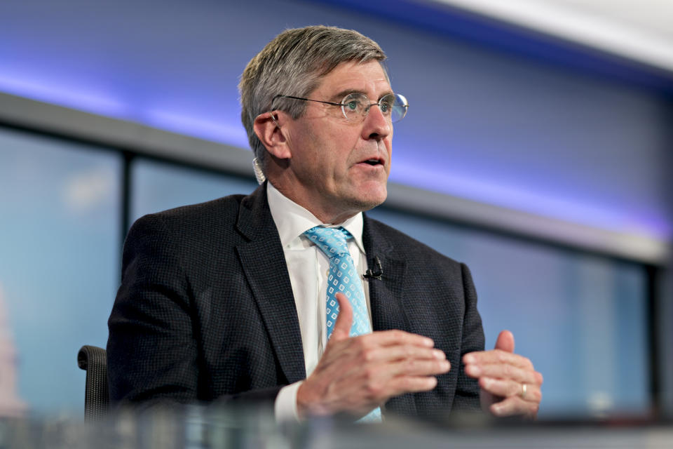 Stephen Moore, visiting fellow at the Heritage Foundation, speaks during a Bloomberg Television interview in Washington, D.C., U.S., on Friday, March 22, 2019. President Donald Trump said he's nominating Moore, a long-time supporter of the president, for a seat on the Federal Reserve Board. Photographer: Andrew Harrer/Bloomberg via Getty Images