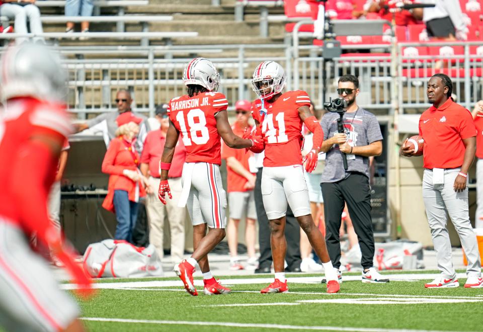 Sep 09, 2023; Columbus, OH, USA; Ohio State Buckeyes safety Josh Proctor (41) high fives Ohio State Buckeyes wide receiver Marvin Harrison Jr. (18) during warm ups before their game against Youngstown State at Ohio Stadium.