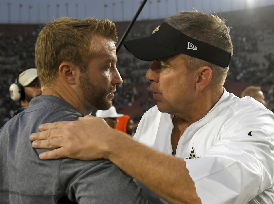 FILE - In this Nov. 26, 2017, file photo, Los Angeles Rams coach Sean McVay, left, greets New Orleans Saints coach Sean Payton after an NFL football game in Los Angeles. The Rams and Saints will play in the NFC conference championship on Sunday, Jan. 20, in New Orleans. (AP Photo/Mark J. Terrill, File)