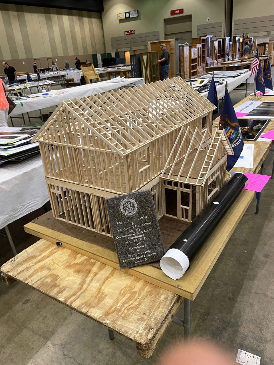 Harbor Springs student Elaine Nickel received the Divisional Award for Architectural Drafting for Juniors and Seniors for her framing house and plans.