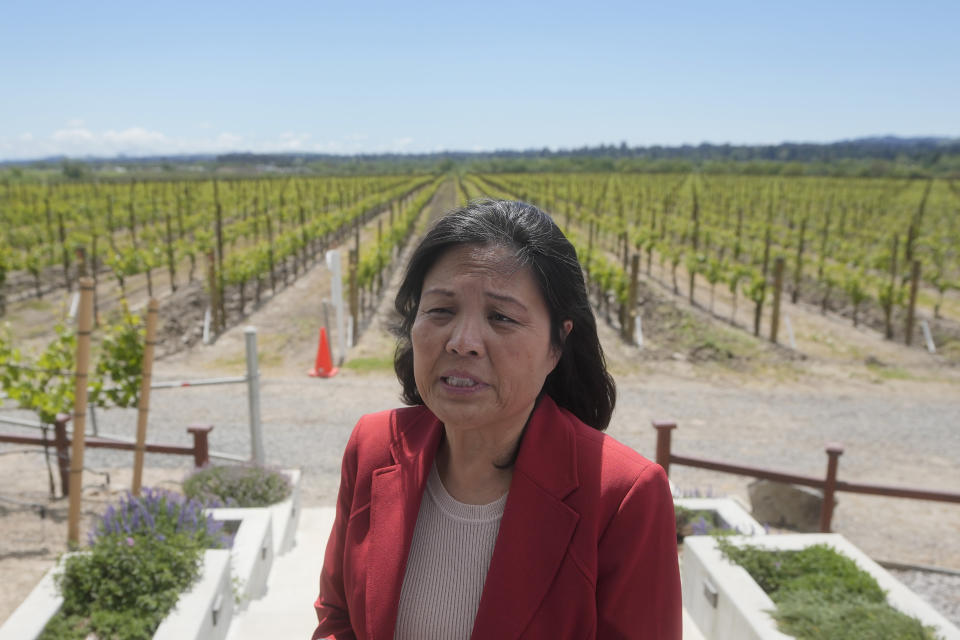 Acting United States Secretary of Labor Julie Su speaks at a news conference at Balletto Vineyards in Santa Rosa, Calif., Friday, April 26, 2024. Temporary farmworkers workers are getting more legal protections against employer retaliation, unsafe working conditions, illegal recruitment and other abuses. The rule announced Friday by the Biden administration aims to bolster support workers on H-2A visas. (AP Photo/Jeff Chiu)