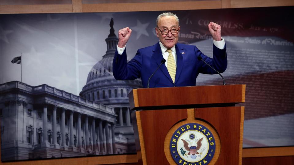 PHOTO: Charles Schumer (D-NY) speaks on the National Security Supplemental Bill during a press conference at the U.S. Capitol on February 13, 2024 in Washington, DC. (Kevin Dietsch/Getty Images)