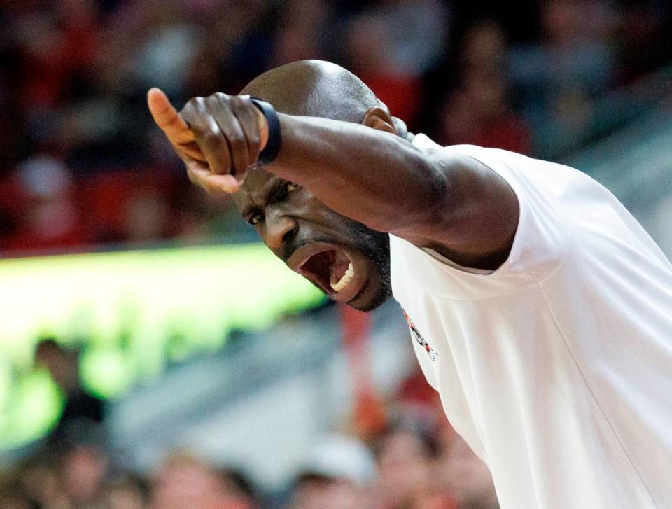 N.C. State assistant coach Kareem Richardson gives instructions following head coach Kevin Keatts’ ejection in the second half of the Wolfpack’s 83-76 win over Wake Forest at PNC Arena on Tuesday, Jan. 16, 2024, in Raleigh, N.C.