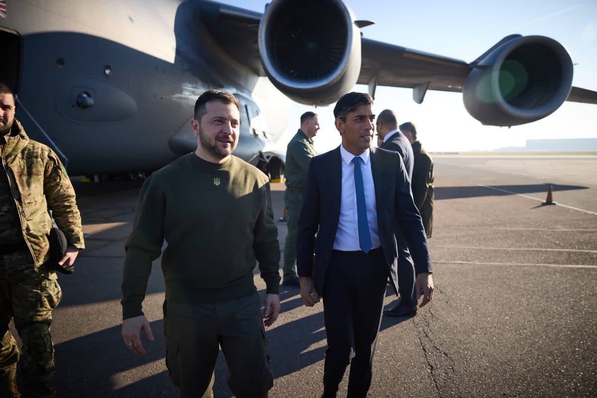 Prime Minister Rishi Sunak welcomes Ukrainian President Volodymyr Zelensky at Stanstead Airport (PA)