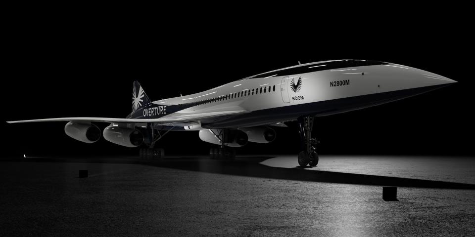 Boom Supersonic's Overture in a dark building.