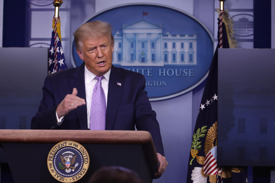 WASHINGTON, DC - AUGUST 05:  U.S. President Donald Trump speaks during a news conference in the James Brady Press Briefing Room of the White House on August 5, 2020 in Washington, DC. Trump administration officials and Democratic Congressional leaders continue to negotiate on an extension of the unemployment benefits and an additional coronavirus economic stabilization and relief package.   (Photo by Alex Wong/Getty Images)