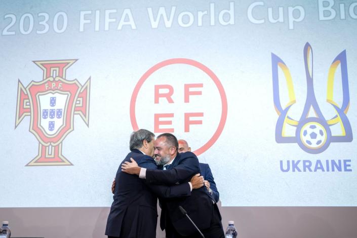 The Spanish, Portuguese and Ukrainian football federations have launched a joint bid to host the 2030 World Cup (Martial Trezzini/AP) (AP)
