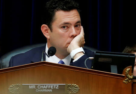 FILE PHOTO: House Oversight and Government Reform Committee Chairman Jason Chaffetz (R-UT) listens to testimony during a committee hearing about the private email server of Democratic presidential nominee Hillary Clinton, used during her tenure as Secretary of State, on Capitol Hill in Washington, U.S., September 13, 2016. REUTERS/Jonathan Ernst/Files