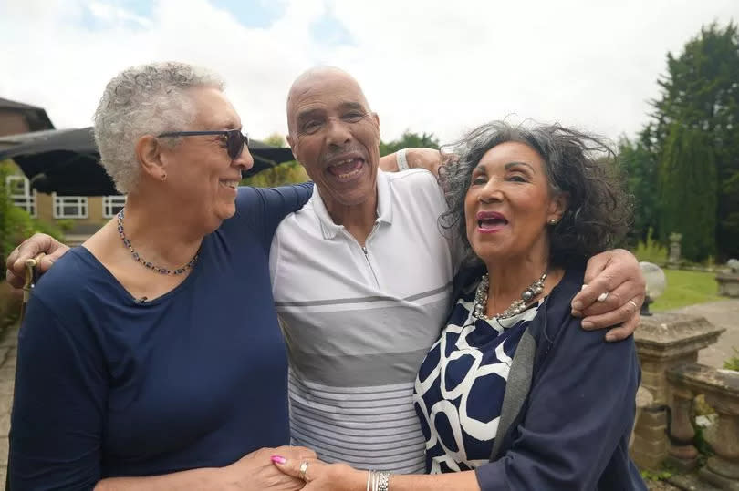 (Left to right) Lorraine Williams, 74, from British Columbia, Canada, who discovered fellow retirees James 'Jimmy' McLoughlin, a 77-year-old from Liverpool, and Isle of Wight resident Josephine Morey, 75, through family history website MyHeritage in summer 2023