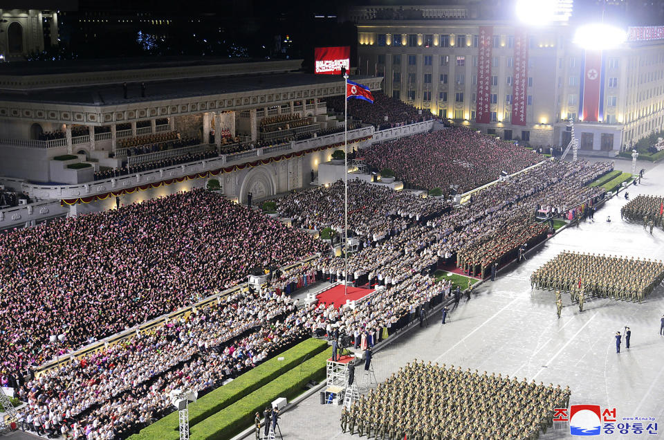 This photo provided Saturday, Sept. 9, 2023, by the North Korean government shows the paramilitary parade, marking North Korea’s 75th founding anniversary in Pyongyang, North Korea, Friday, Sept. 8. Independent journalists were not given access to cover the event depicted in this image distributed by the North Korean government. The content of this image is as provided and cannot be independently verified. Korean language watermark on image as provided by source reads: "KCNA" which is the abbreviation for Korean Central News Agency. (Korean Central News Agency/Korea News Service via AP)