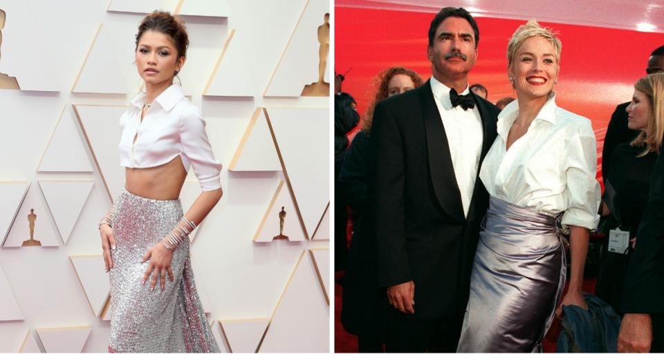 Zendaya at the 2022 Oscars and Sharon Stone at the 1996 Oscars. (Getty Images)