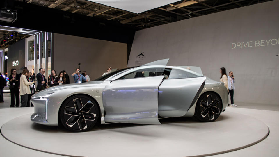 The Hopium Machina Vision, a hydrogen powered concept car, at the 2022 Paris Motor Show. 