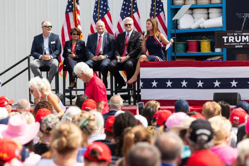 South Carolina lieutenant governor Pamela Evette holds a short panel before former President Donald Trump speaks at a campaign event at the Sportsman Boats manufacturing plant in Summerville, South Carolina on Monday, September 25, 2023.