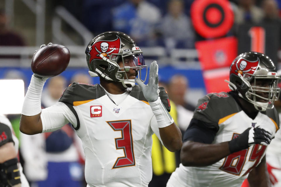 Tampa Bay Buccaneers quarterback Jameis Winston throws during the first half of an NFL football game against the Detroit Lions, Sunday, Dec. 15, 2019, in Detroit. (AP Photo/Rick Osentoski)