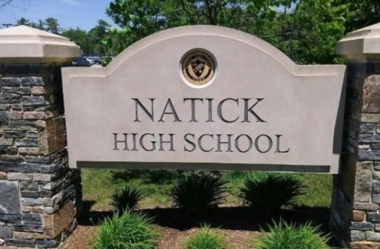 The Natick High School sign in front of the school at 15 West St.