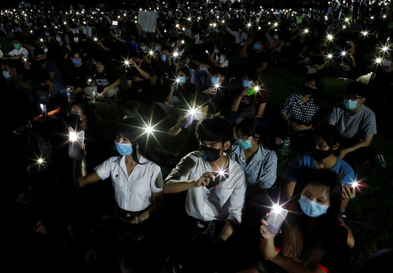 Pro-democracy protesters attend a rally to demand the government to resign at Mahidol University