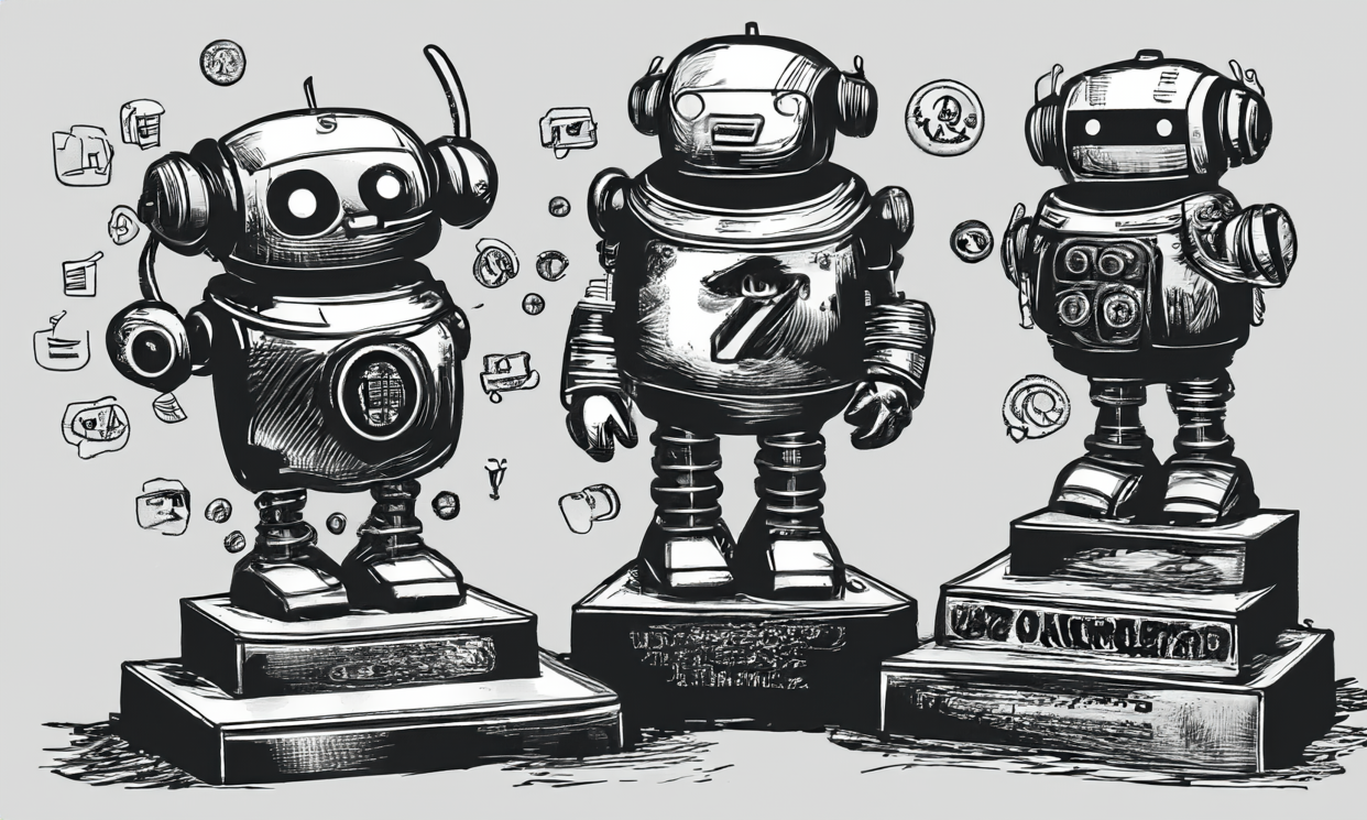  A group of robots in pen and ink drawing style. 