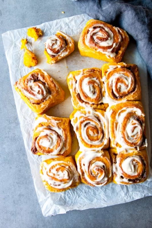<p>Savory Nothings</p><p>These no-knead pumpkin cinnamon rolls are great for Thanksgiving, Christmas morning or anytime you crave cinnamon rolls during fall! </p><p><strong>Get the recipe: <em><a href="https://www.savorynothings.com/no-knead-pumpkin-cinnamon-rolls/" rel="nofollow noopener" target="_blank" data-ylk="slk:No Knead Pumpkin Cinnamon Rolls;elm:context_link;itc:0;sec:content-canvas" class="link rapid-noclick-resp">No Knead Pumpkin Cinnamon Rolls</a></em></strong></p>