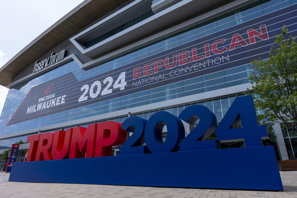 Preparations are made outside the Fiserv Forum ahead of the 2024 Republican National Convention, Saturday, July 13, 2024, in Milwaukee. (AP Photo/Alex Brandon)