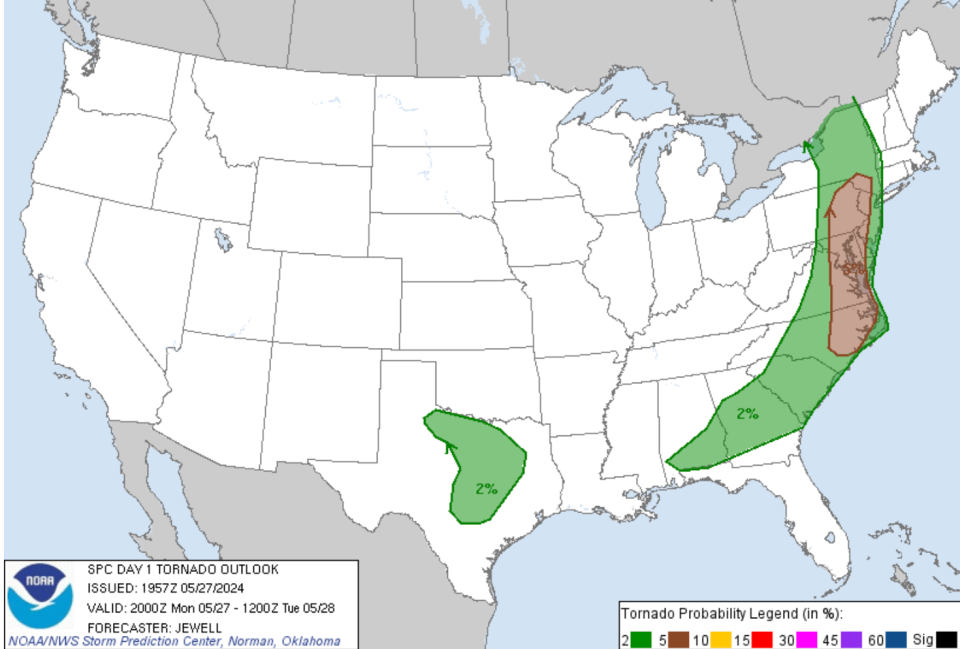 A map from the National Weather Service depicting tornado probability on Monday evening (National Weather Service)