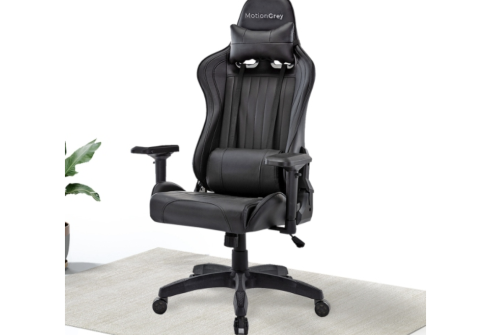 MotionGrey Enforcer - Office Gaming Chair, Comfortable, Ergonomic, High Back, Racing Style, Leather, Reclining Computer Executive Desk Chair with Height Adjustment, Headrest & Lumbar Cushions - Black
