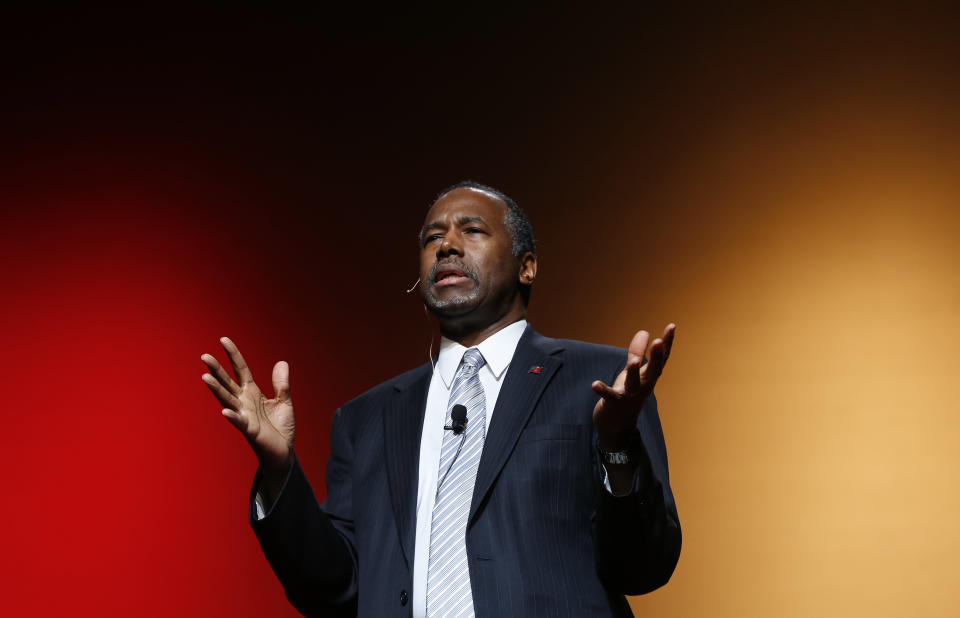 Ben Carson announces his candidacy for president during an official announcement in Detroit on Monday, May 4, 2015. Carson, 63, a retired neurosurgeon, begins the Republican primary as an underdog in a campaign expected to feature several seasoned politicians.