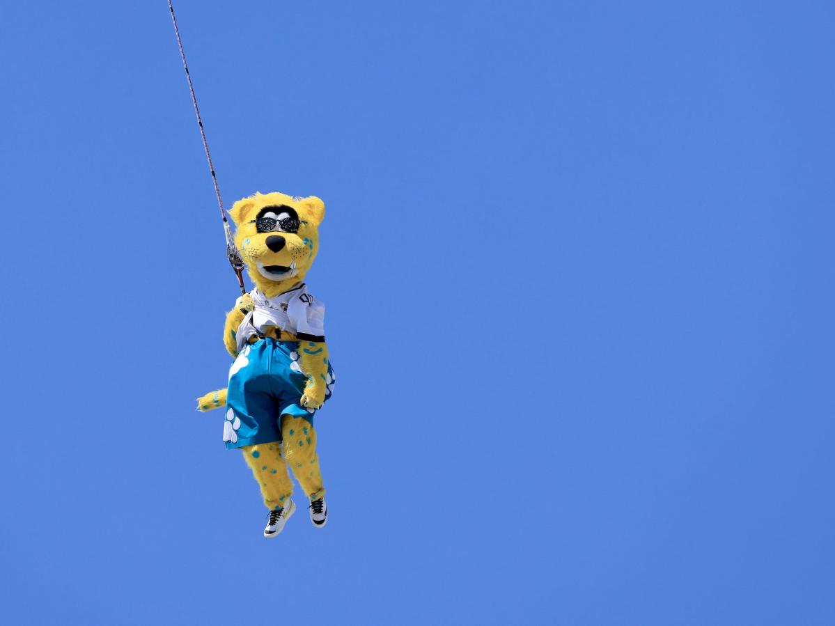 The Jacksonville Jaguars' cheerleaders bungee jump off the top of