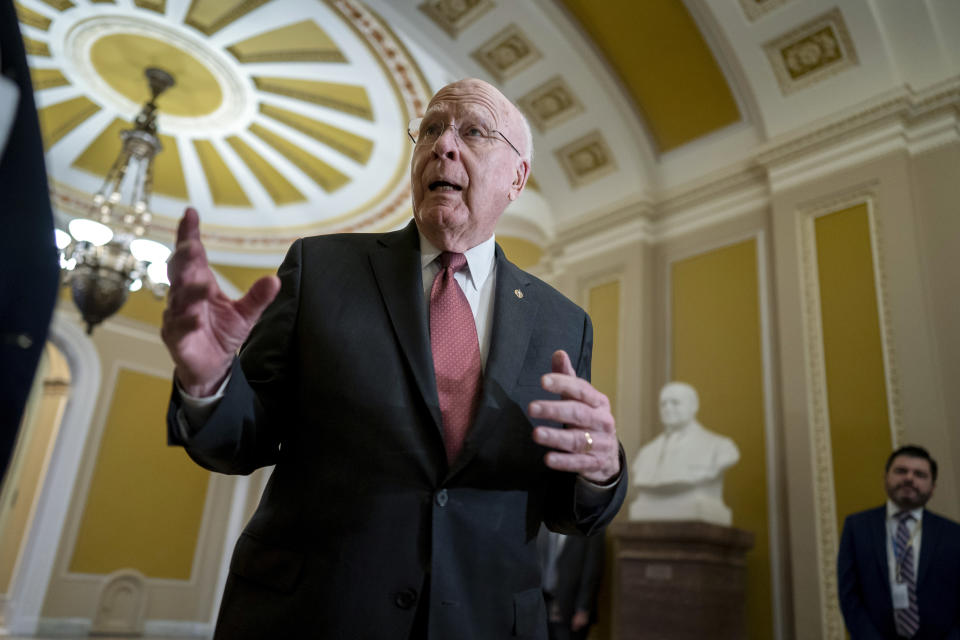 Sen. Patrick Leahy, D-Vt., the president pro temper of the Senate, discusses his life in the Senate and his Vermont roots during an Associated Press interview as he walks through the Capitol in Washington, Monday, Dec. 19, 2022. The U.S. Senate's longest-serving Democrat, Leahy is getting ready to step down after almost 48 years representing his state in the U.S. Senate. (AP Photo/J. Scott Applewhite)