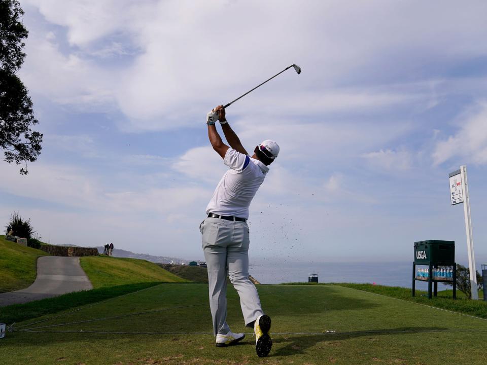 Hideki Matsuyama tees off during a practice round ahead of the 2021 US Open at Torrey Pines.