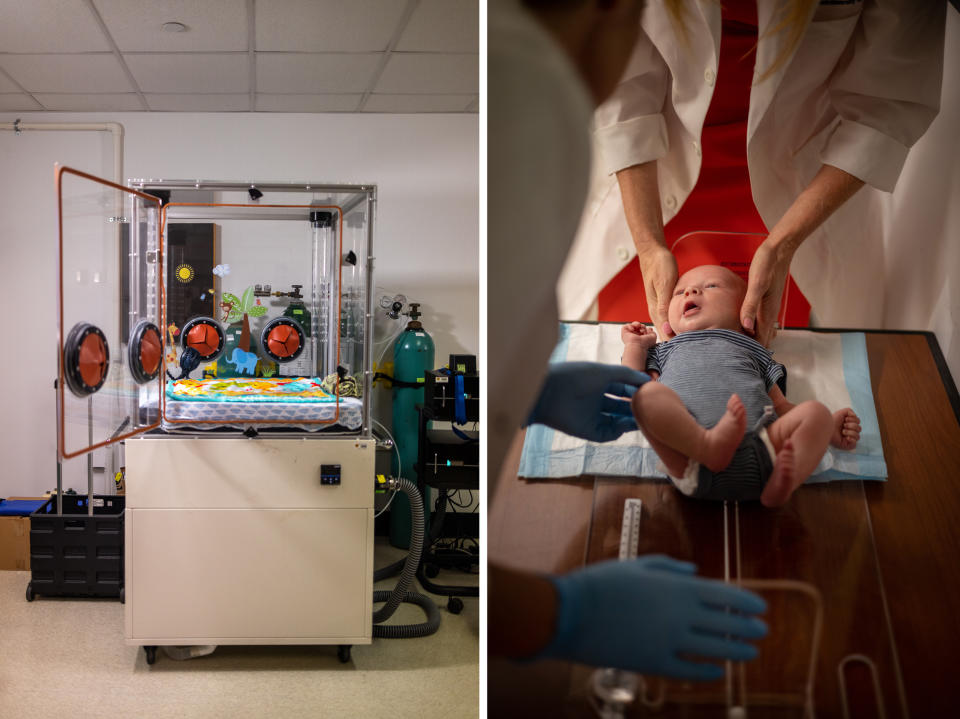 At left, an infant metabolic chamber, and right, Redman holds the head of Jameson while Ph.D. Emily Flanagan assists, as they measure the baby. (Kathleen Flynn for NBC News)