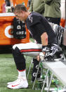 Atlanta Falcons quarterback Matt Ryan sits on the bench with a bloody elbow after getting banged up on a sack by the New England Patriots during the first half of an NFL football game, Thursday, Nov. 18, 2021, in Atlanta. (Curtis Compton/Atlanta Journal-Constitution via AP)