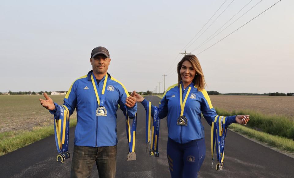 Siblings Jose Gaeta and Malena Salazar, two Lafayette athletes and business owners, pose with their 10 Boston Marathon medals.