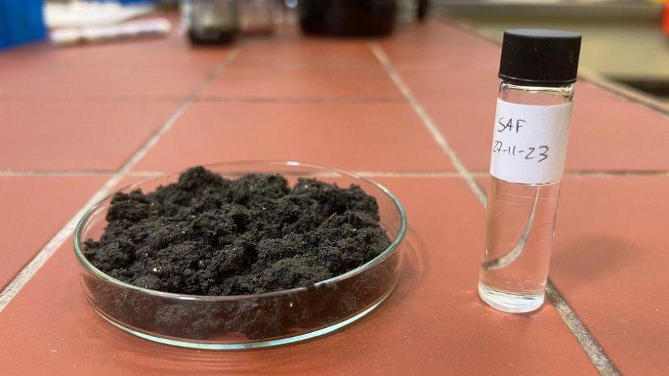 Laboratorio de química con aguas residuales en una placa de Petri y queroseno