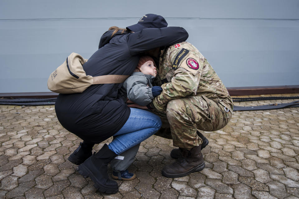 Relatives greet the crew as the frigate Iver Huitfeldt arrives at the base port at Fleet Station Korsoer, Denmark, Thursday, April 4, 2024. Since February 2024, the Danish frigate Iver Huitfeldt has been deployed in the Red Sea as part of the international coalition aimed following the attacks on commercial ships in the Red Sea by Yemen’s Iran-backed Houthi rebels. (Ida Marie Odgaard/Ritzau Scanpix via AP)