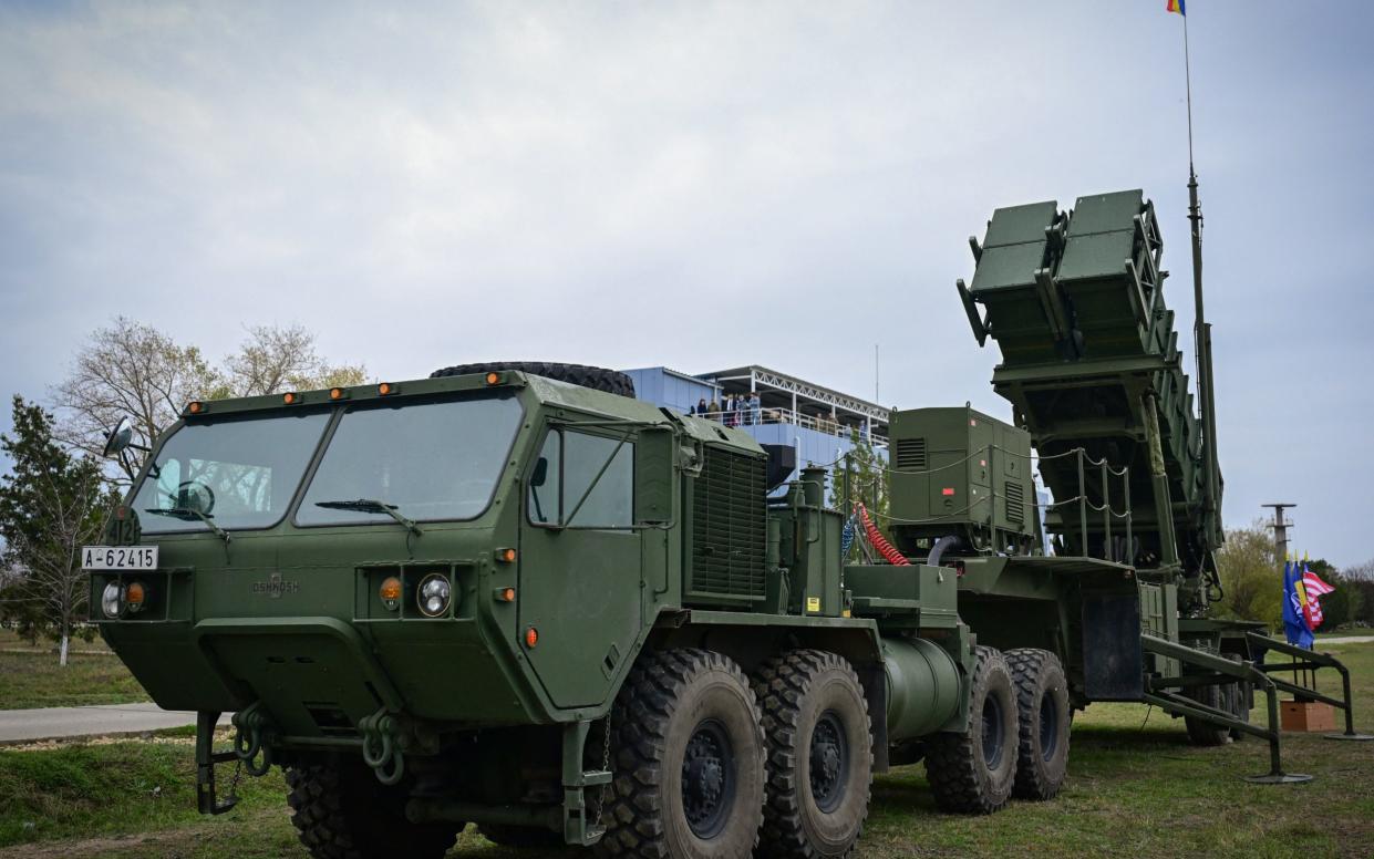 A Patriot missile system of the Romanian army on display during an army drill at the Capu Midia military shooting range next to the Black Sea November 15, 2023.