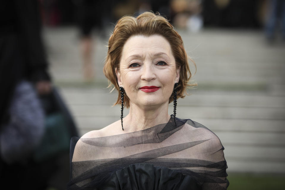 Lesley Manville poses for photographers upon arrival at the Olivier Awards in London, Sunday, April 10, 2022. (Photo by Vianney Le Caer/Invision/AP)